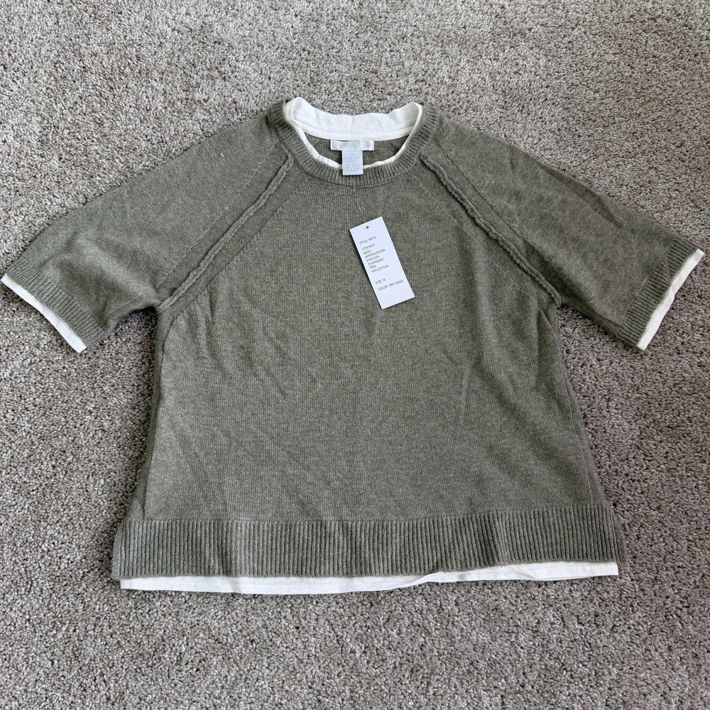 Design History Sweater Womens Medium Green Crew Neck Short Sleeve Layered Hem